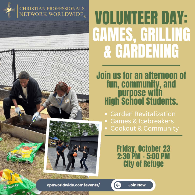 Two people garden in the foreground of a promotional flyer featuring a green background with event details and a smaller inset photo of people playing.