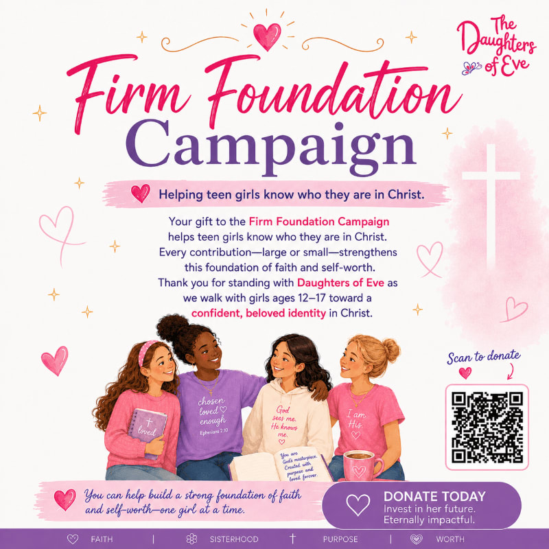 A group of diverse teenage girls wearing shirts with faith-based messages stands in the foreground against a white background featuring a pink cross and campaign text.