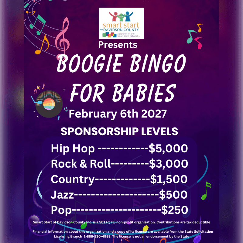 A promotional flyer for "Boogie Bingo for Babies" features sponsorship levels in the foreground against a purple background decorated with colorful musical notes.
