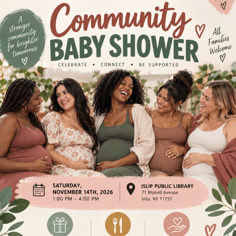 Five smiling pregnant women stand together in the foreground against a blurred background of indoor greenery, framed by a "Community Baby Shower" event flyer.