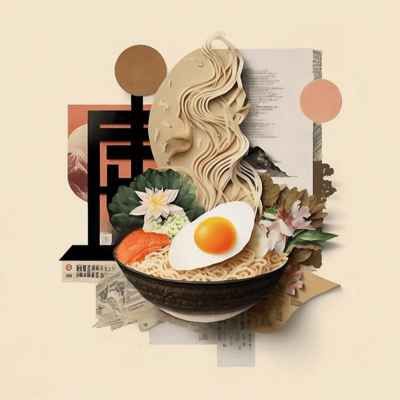 A bowl of ramen with a soft-boiled egg and vegetables sits in the foreground against a surreal collage background of noodles, Japanese calligraphy, and abstract shapes.