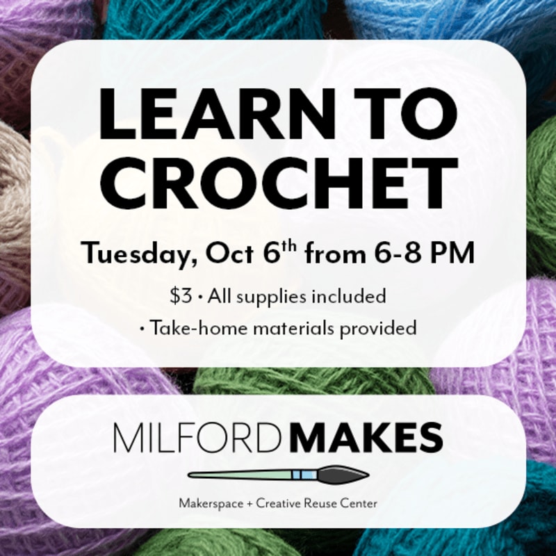 White text boxes with event details for a crochet class sit atop a background of colorful yarn skeins.