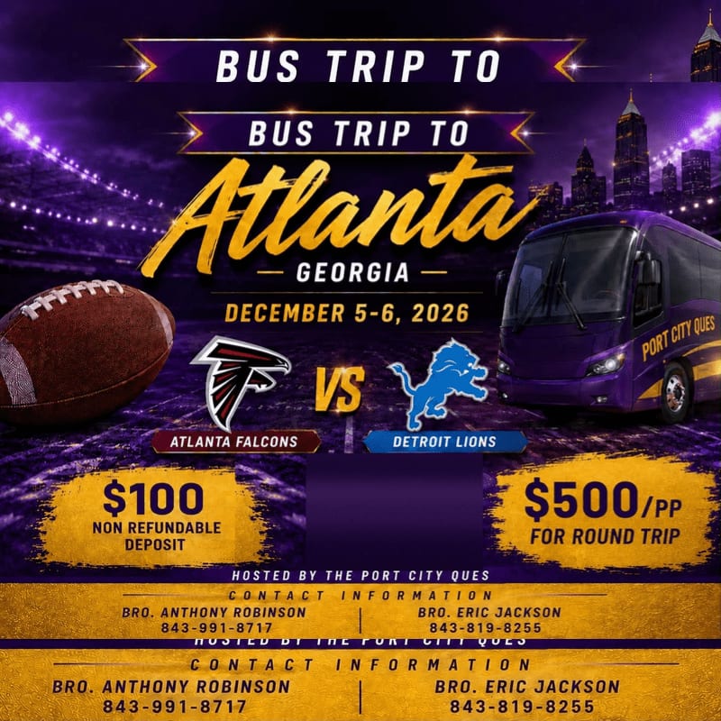 A purple bus and a football sit in the foreground of a promotional flyer for a trip to Atlanta, set against a nighttime city skyline background.