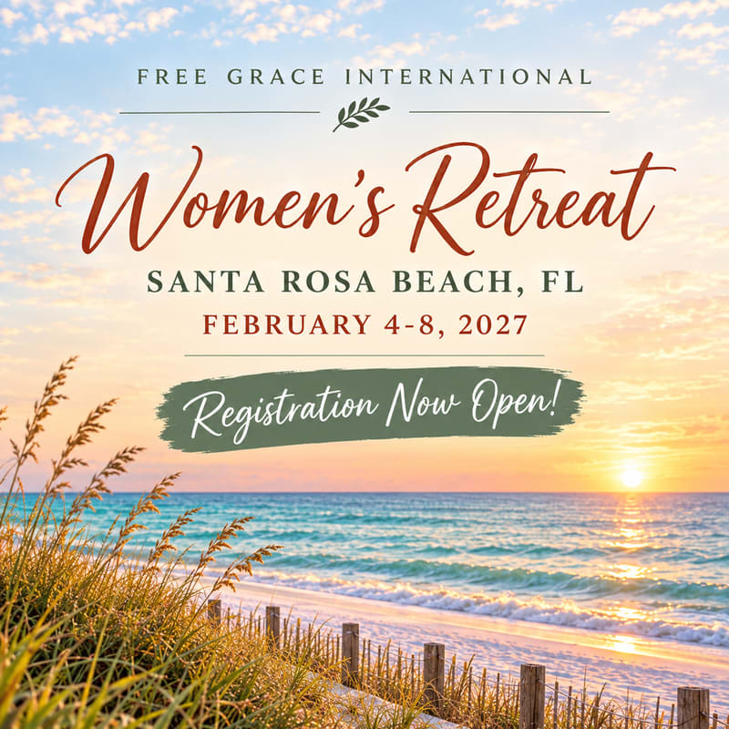 Text announcing a Women's Retreat overlays a scenic beach landscape with golden grass in the foreground and a sunset over the ocean in the background.