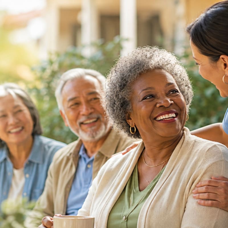 A woman with gray hair smiles warmly as a younger woman places a hand on her shoulder, with two other smiling individuals in the blurred background.