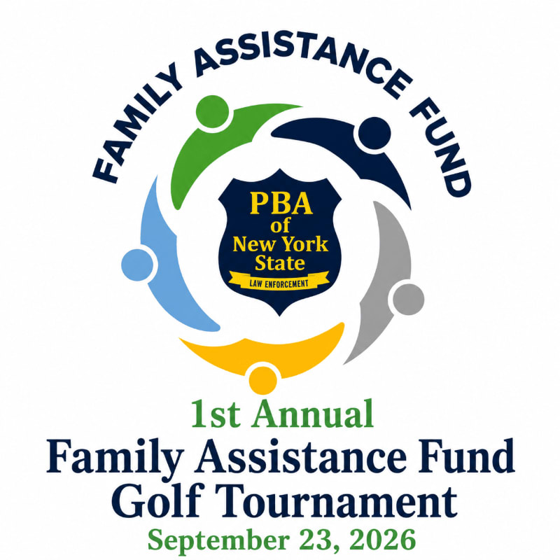 A colorful circular logo featuring stylized figures surrounding a PBA of New York State shield is centered above text announcing the 1st Annual Family Assistance Fund Golf Tournament on a plain white background.