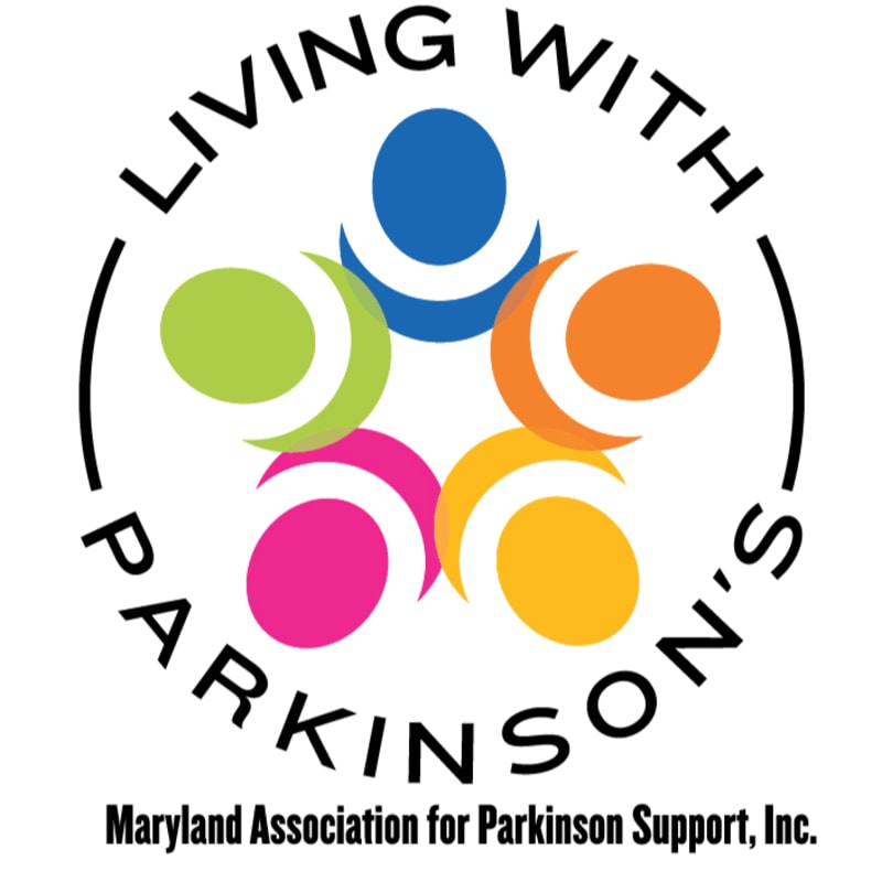 A colorful circular logo featuring five stylized human figures in the center, surrounded by the text "LIVING WITH PARKINSON'S" and "Maryland Association for Parkinson Support, Inc." against a plain white background.