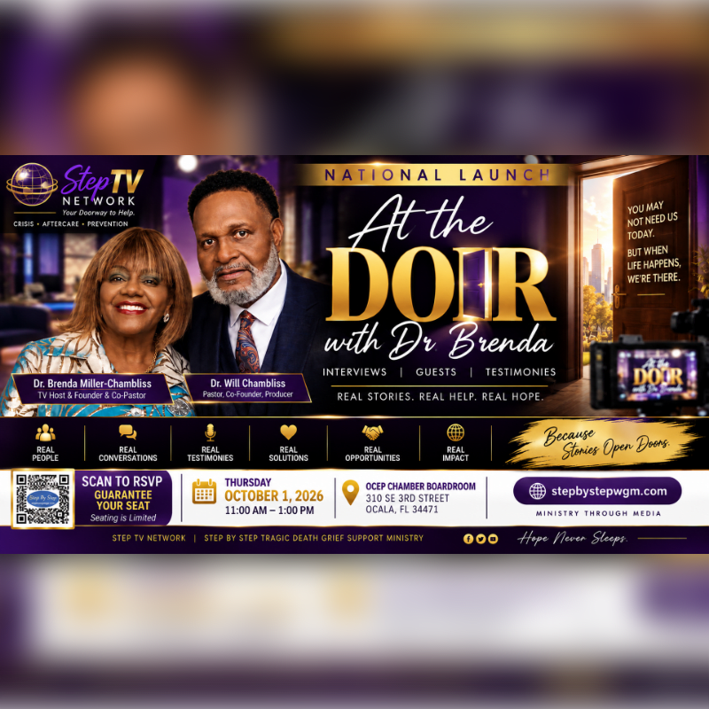 A promotional flyer for the national launch of "At the Door with Dr. Brenda" features two smiling hosts in the foreground against a dark, elegant background with gold text and event details.