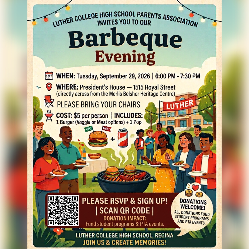 A group of diverse people gather around a grill in the foreground of a colorful event flyer, with a school building and trees in the background.