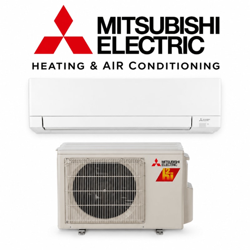 An indoor air conditioning unit and an outdoor compressor sit against a white background featuring the Mitsubishi Electric logo.