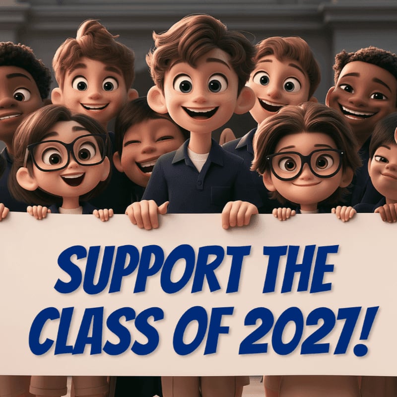 A group of smiling animated students holds a large white banner that reads "SUPPORT THE CLASS OF 2021!" against a blurred architectural background.
