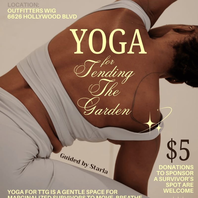 A person in a light-colored yoga outfit is posed in the foreground against a plain, neutral background, with promotional text for a yoga class overlaid across the image.