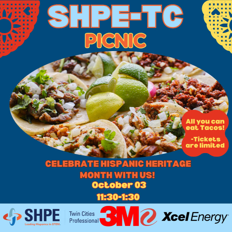 A platter of tacos and lime wedges sits in the center of a blue promotional flyer featuring event details and corporate logos.