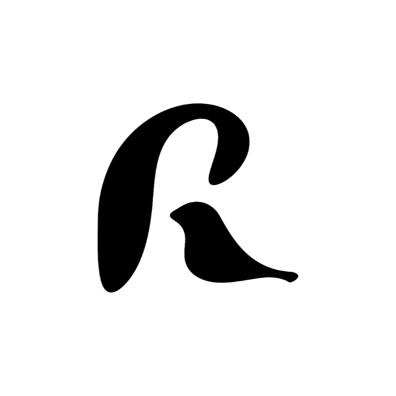 A black stylized letter "R" incorporating a bird silhouette is centered on a plain white background.