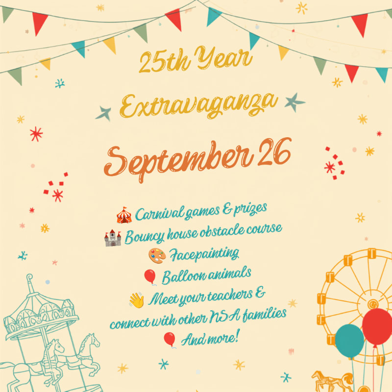 Colorful event text for a 25th Year Extravaganza on September 26 is centered against a pale yellow background decorated with festive bunting, a carousel, and a Ferris wheel.