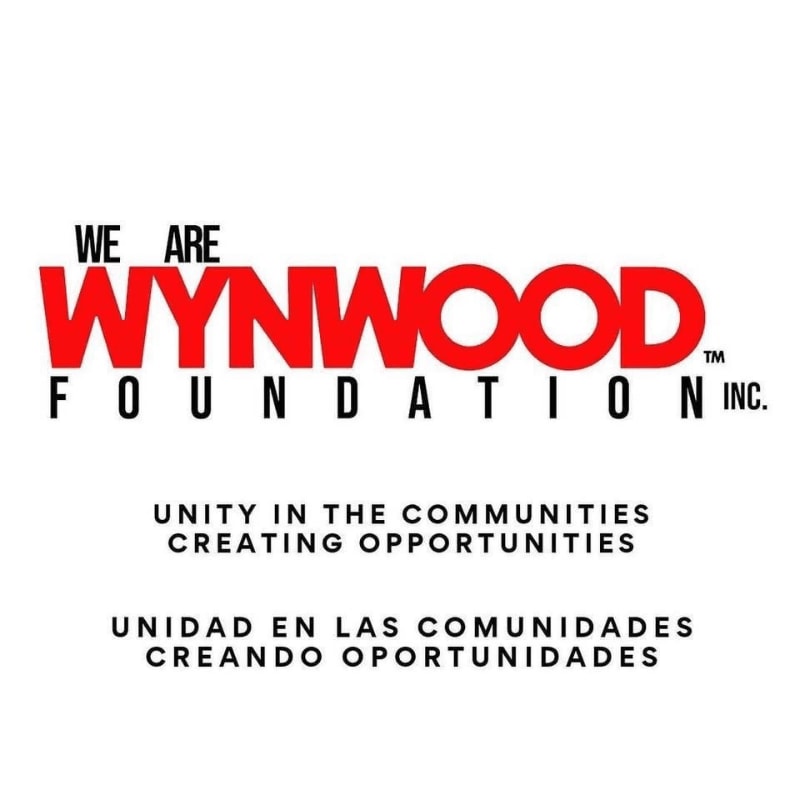 Red and black text for the Wynwood Foundation Inc. and its mission statement are centered against a plain white background.