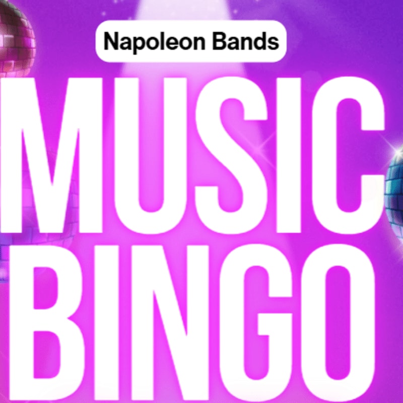 Bold white text reading "MUSIC BINGO" and "Napoleon Bands" sits in the foreground against a purple background featuring disco balls.