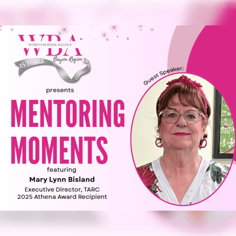 A woman's portrait in a circular frame is positioned on the right, while the left side features pink and black text announcing "Mentoring Moments" against a soft pink background.