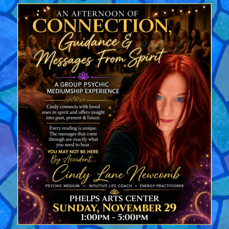 A red-haired woman is featured in the foreground of a promotional flyer, with a blurred group of people and warm lighting in the background.