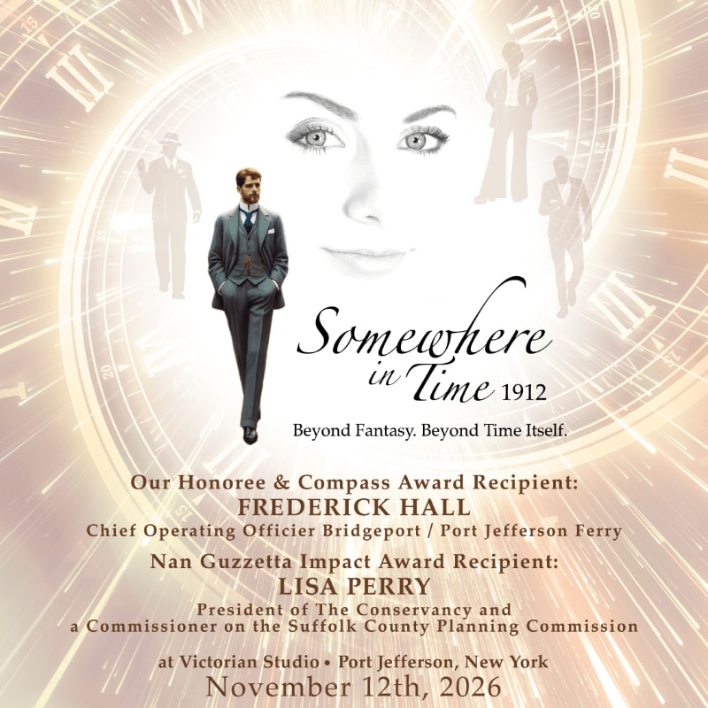 A man in a suit and a faint female face appear in the foreground over a background featuring a glowing clock face and event details.