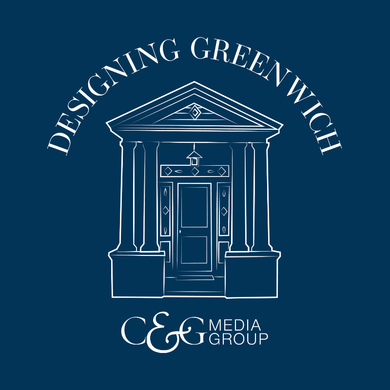 A white line drawing of a classical building entrance with columns and a pediment is centered on a dark blue background, with the words "DESIGNING GREENWICH" arched above and "C&G MEDIA GROUP" below.
