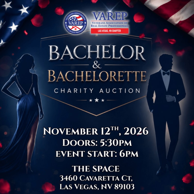 Silhouettes of a woman in a gown and a man in a tuxedo frame a charity auction announcement set against a dark background with red rose petals and American flags.