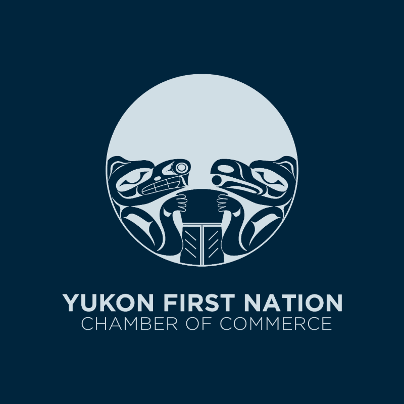 A white circular logo featuring two stylized indigenous animals facing each other is centered above the text "YUKON FIRST NATION CHAMBER OF COMMERCE" against a dark blue background.