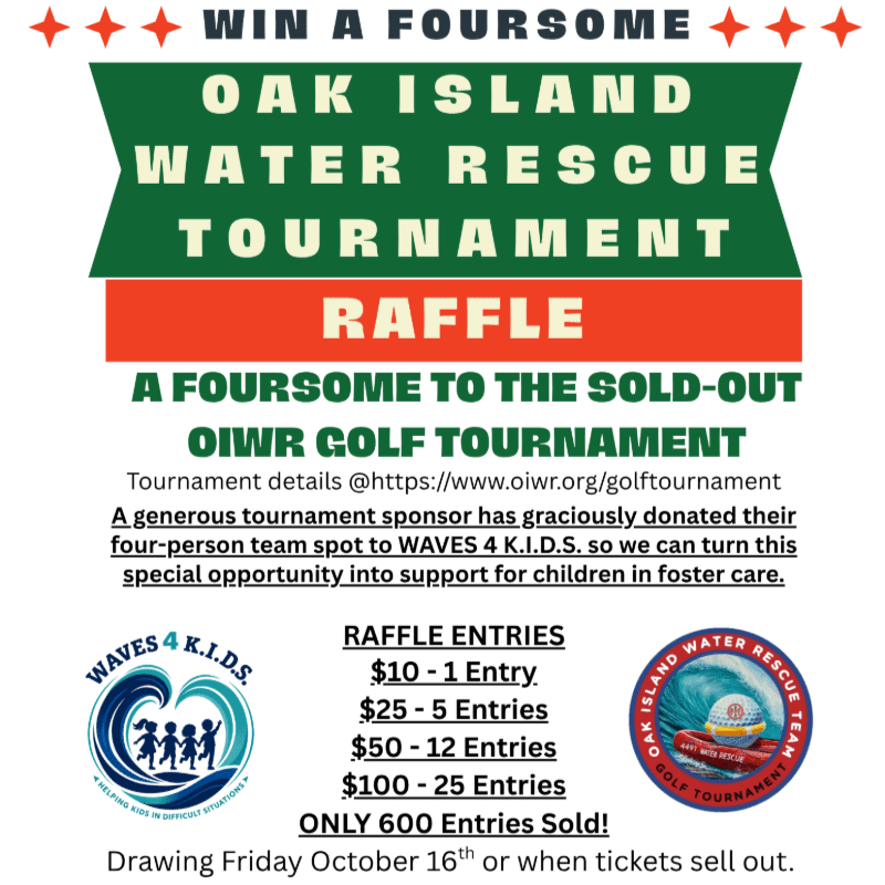 A promotional flyer for a golf tournament raffle features bold text and colorful banners in the foreground against a plain white background.