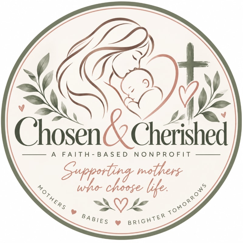 A circular logo features a line drawing of a mother and baby with a cross and leaves in the foreground, set against a plain white background.