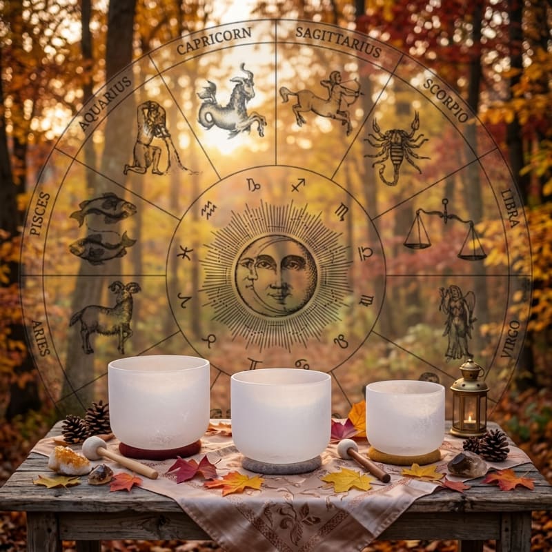 Three crystal singing bowls sit on a table adorned with autumn leaves and pinecones, set against a backdrop of a zodiac wheel superimposed on a sunlit forest.