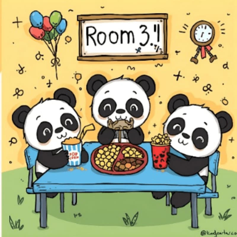 Three cute pandas sit at a blue table eating snacks in a classroom with a "Room 3" sign and a clock on the wall.