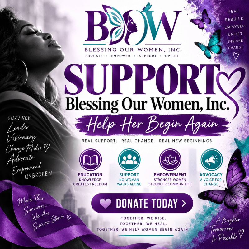 A woman with closed eyes is positioned on the left side of a purple-themed promotional flyer featuring a logo, supportive text, and colorful butterflies.