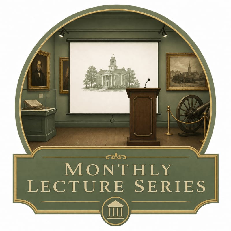 A wooden podium stands before a projection screen displaying an architectural drawing, with museum artifacts and paintings adorning the walls of a room, all framed within an arched, olive-green border.