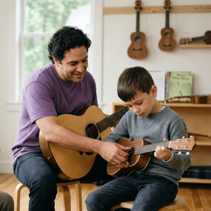 A man in a purple shirt teaches a young boy how to play a small guitar in a room with other instruments hanging on the wall.