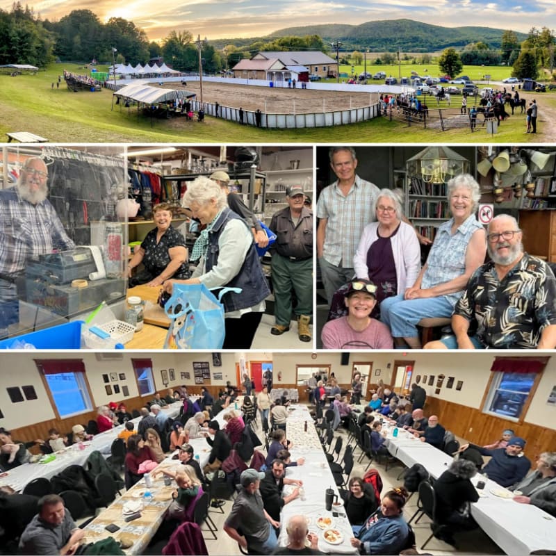 A collage of images shows a rural event with tents and a riding arena in the background, while the foreground features portraits of people and a large gathering at tables.