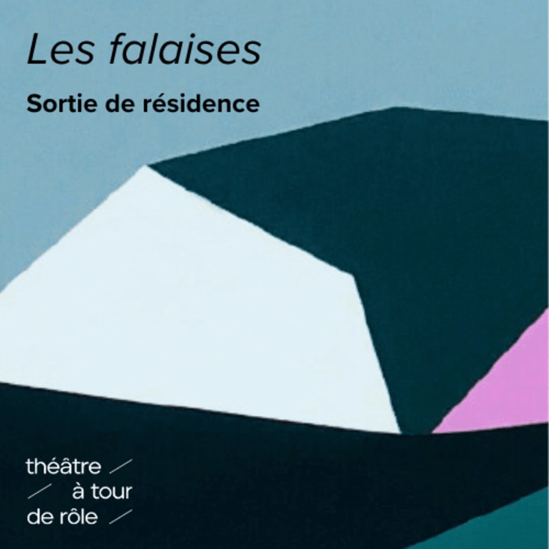 Abstract geometric shapes in white, dark teal, and pink occupy the foreground against a light blue background with French text.