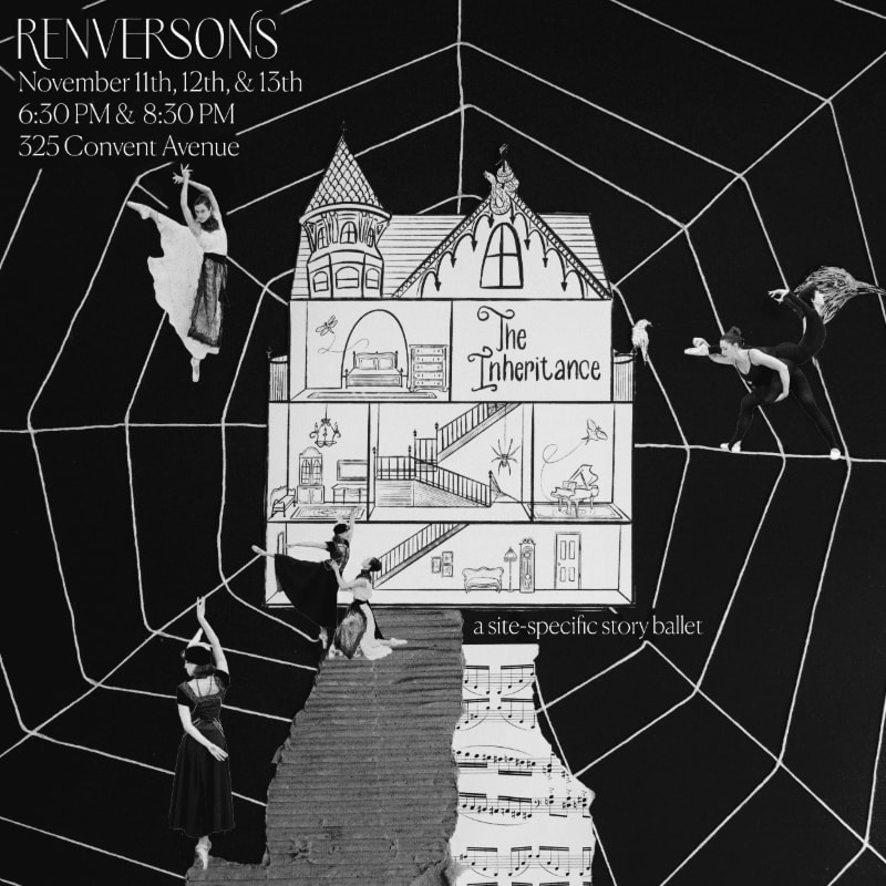 Ballerinas pose around a stylized, multi-story house illustration set against a black background with a large white spiderweb.