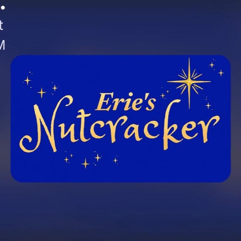 Gold cursive text reading "Erie's Nutcracker" and sparkling stars are centered on a royal blue rounded rectangle against a dark blue background.