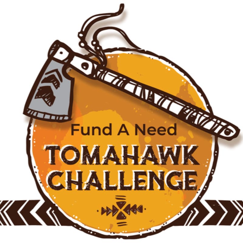 A tomahawk rests diagonally across a yellow circular background featuring the text "Fund A Need TOMAHAWK CHALLENGE."