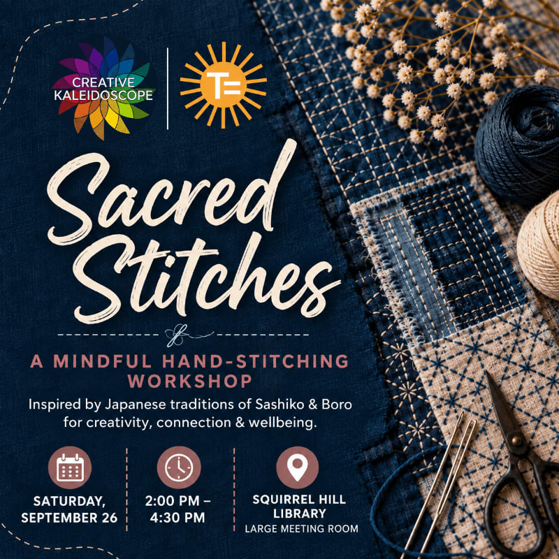 Text for a "Sacred Stitches" hand-stitching workshop is overlaid on a dark blue fabric background featuring traditional Japanese Sashiko embroidery, dried flowers, and sewing tools.