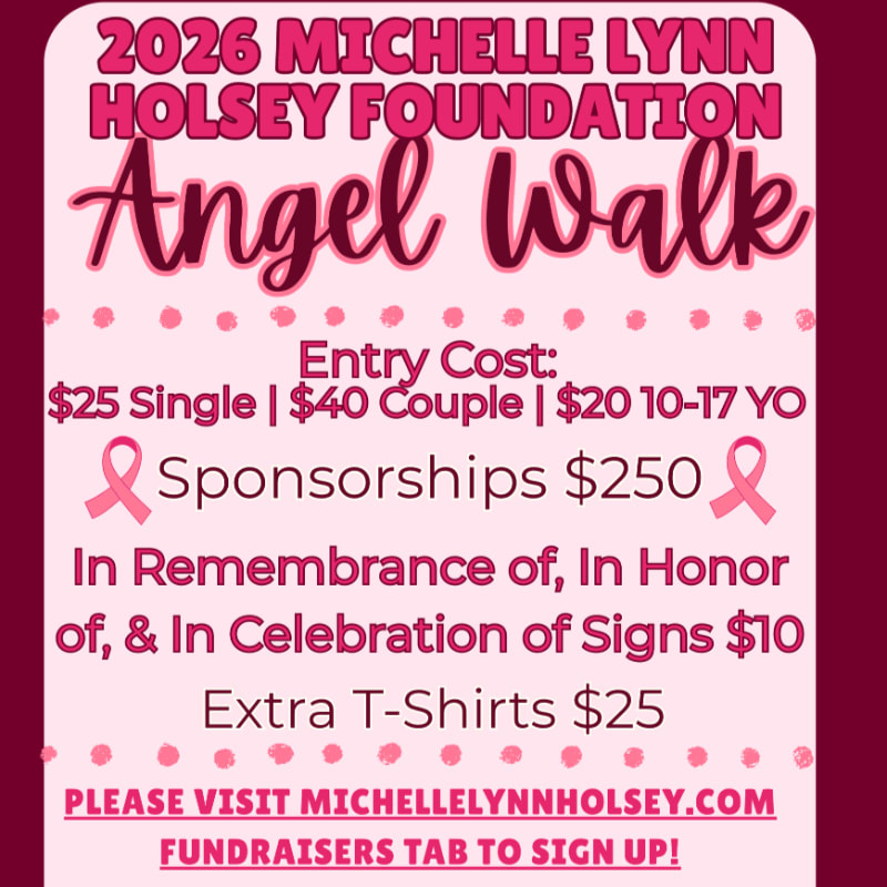 Pink and magenta text detailing the 2026 Michelle Lynn Holsey Foundation Angel Walk event is set against a light pink background with a dark magenta border.