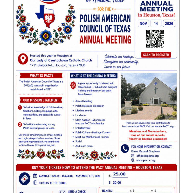 A promotional flyer for the Polish American Council of Texas Annual Meeting features colorful floral motifs and a Texas map in the foreground, with event details and a church image in the background.