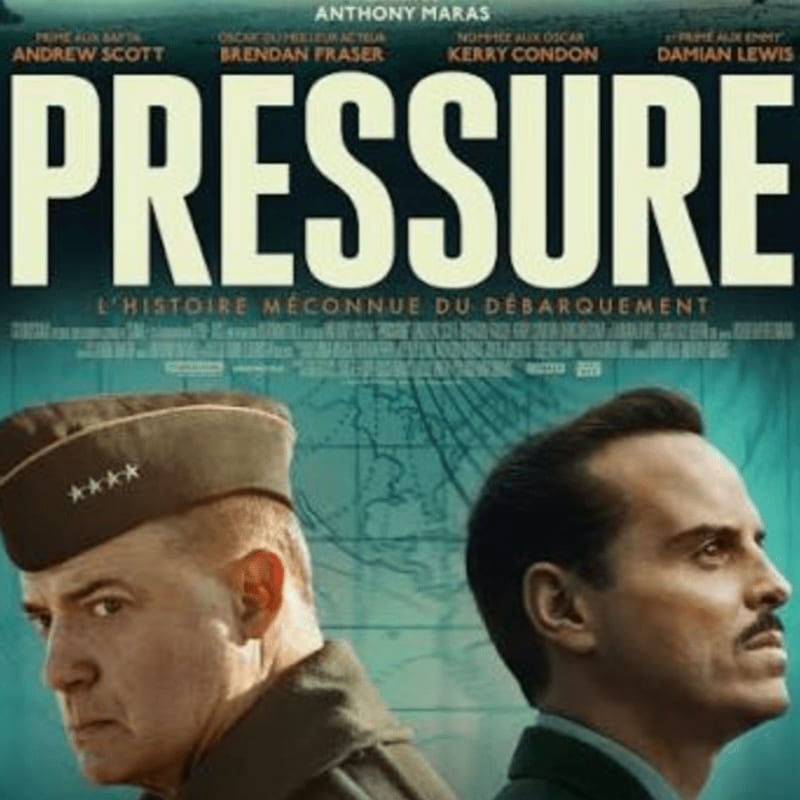Two men in military attire are positioned in the foreground against a background featuring a map and the bold title "PRESSURE."