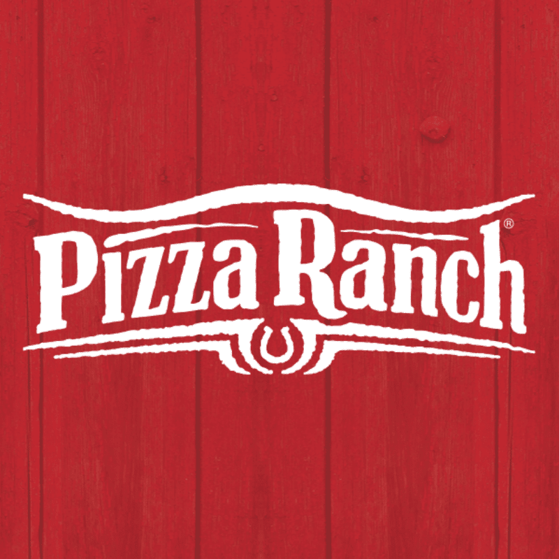 A white Pizza Ranch logo is centered against a red wooden plank background.