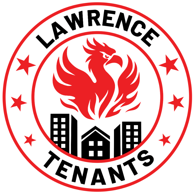 A red phoenix rises above black city buildings within a circular white emblem bordered by red lines, stars, and the text "LAWRENCE TENANTS."
