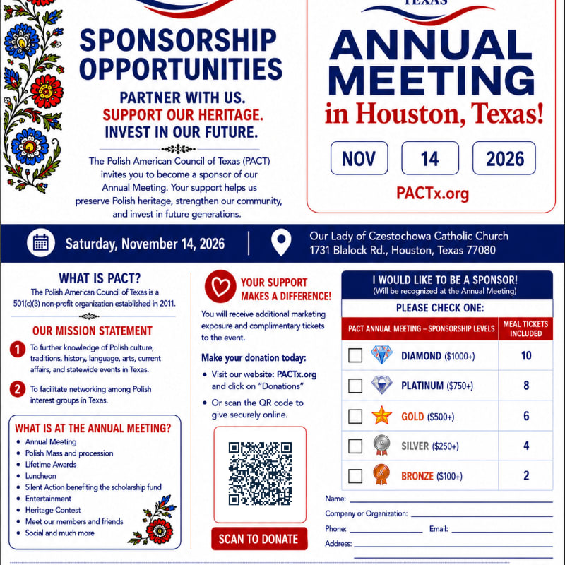 A promotional flyer for the Polish American Council of Texas's 2026 Annual Meeting features bold blue and red text in the foreground and a white background accented with traditional floral patterns.