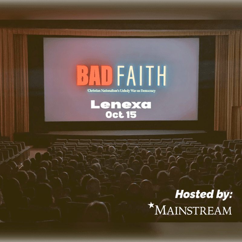 A crowded movie theater foreground faces a large screen displaying an advertisement for "Bad Faith" in Lenexa on October 15.
