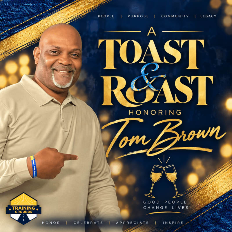 A smiling man in a beige polo shirt stands in the foreground against a dark blue background featuring gold text and bokeh lights.