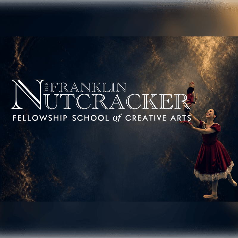 A ballerina in a red dress holds a nutcracker doll against a dark, textured gold and black background with white promotional text.