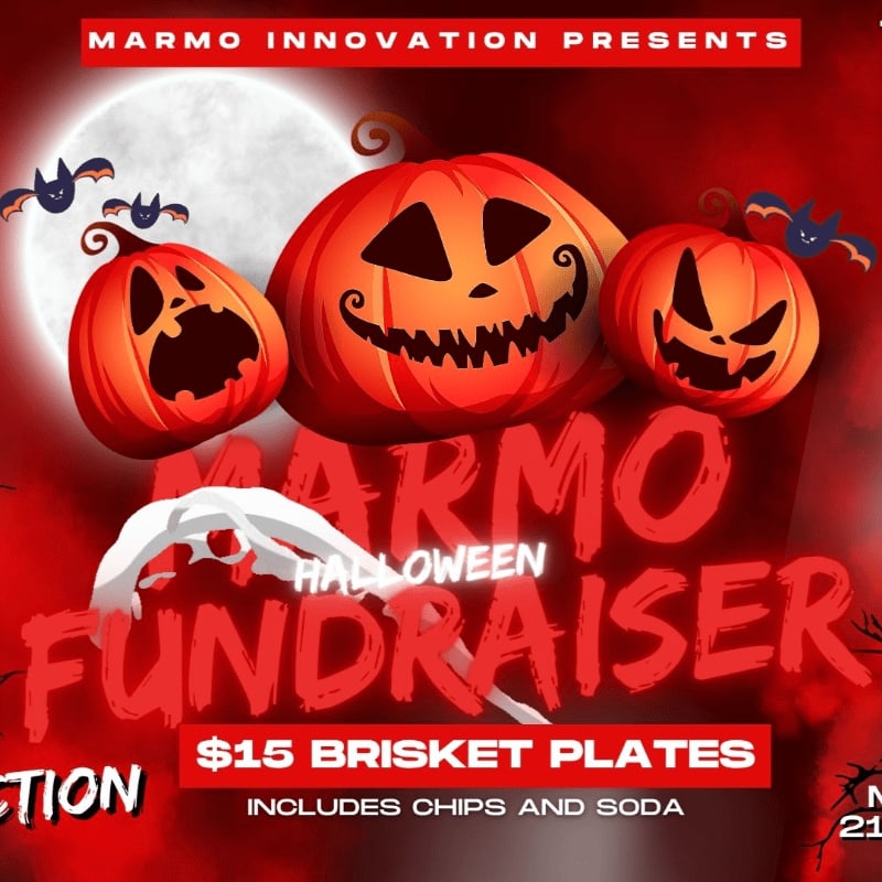 Three carved jack-o'-lanterns and a skeletal hand sit in the foreground against a background of a full moon, bats, and a red atmospheric glow.
